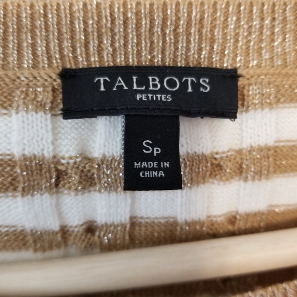 Talbots S Petite Ivory, Tan & Gold Cableknit Crewneck sweater Long sleeve - Picture 3 of 7